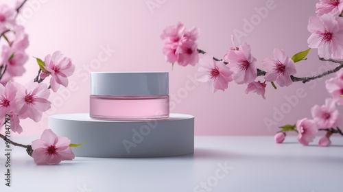 A pink cosmetic jar mockup surrounded by cherry blossom branches on a soft pink background, evoking a sense of spring beauty and floral freshness