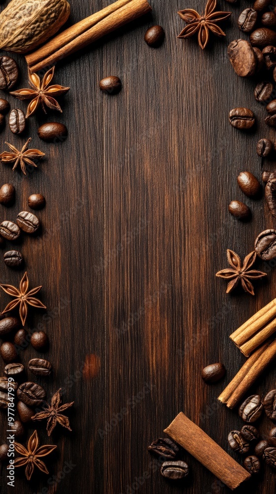Top View of Coffee Beans and Cinnamon on Wooden Surface Top View of Coffee Beans and Cinnamon on Wooden Surface