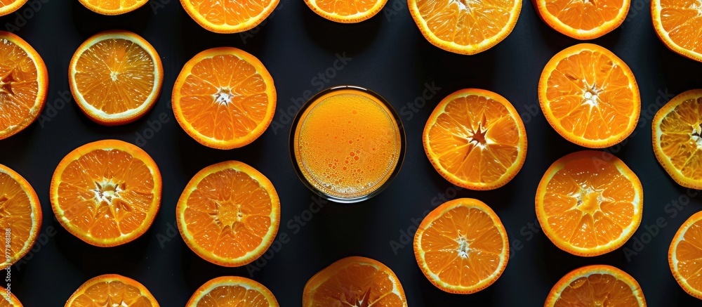 Freshly squeezed orange juice in a glass next to halved oranges on a black background arranged in a top view pattern with copyspace Freshly squeezed orange juice in a glass next to halved oranges on a black background arranged in a top view pattern with copyspace