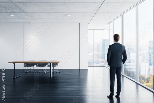 A businessman standing in front of a table, with an empty conference room and a black wooden floor in the background Generative AI