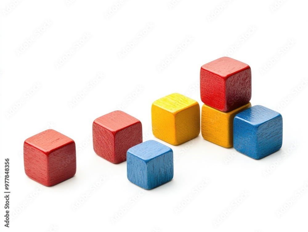 Vibrant wooden cubes arranged in various sizes on white background Vibrant wooden cubes arranged in various sizes on white background