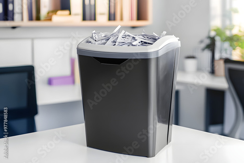 Paper shredder with bin on white table in office photo