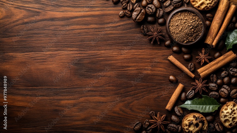 Wooden Surface with Coffee Beans, Cinnamon, and Star Anise Wooden Surface with Coffee Beans, Cinnamon, and Star Anise