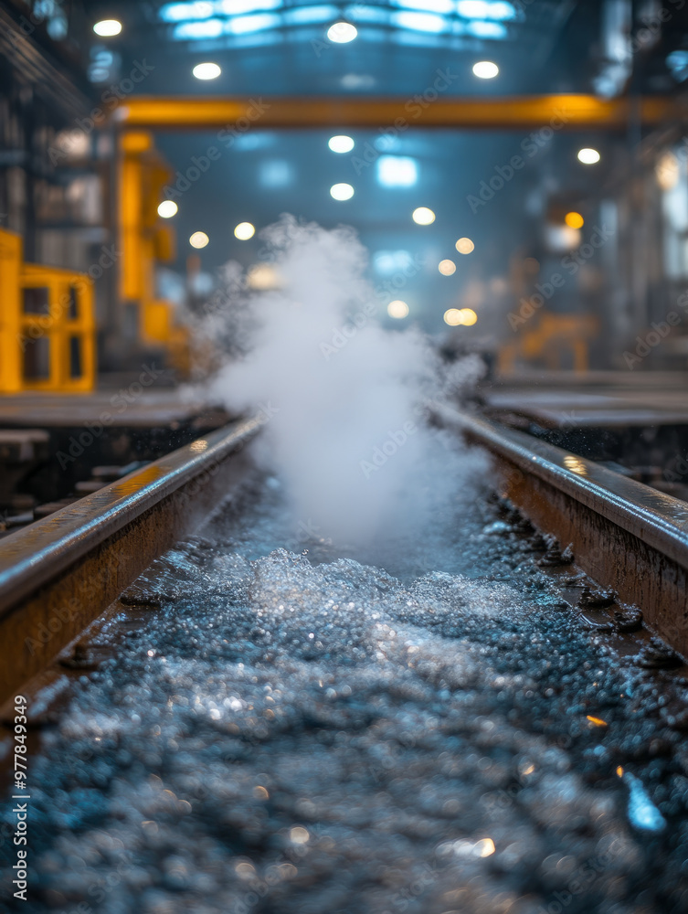 Obraz premium Railroad tracks with steam in an industrial factory setting.