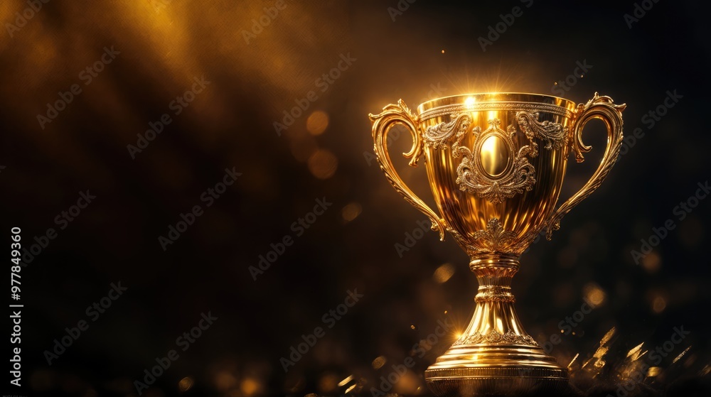 Gold trophy cup on a dark background. Winner's golden cup under the rays of light on a dark background. Champion's Cup shines. Gold trophy cup on a dark background. Winner's golden cup under the rays of light on a dark background. Champion's Cup shines.