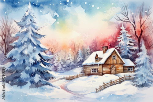 Cozy winter cabin scene