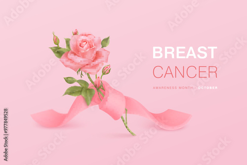 October breast cancer awareness month poster with ribbon and flower