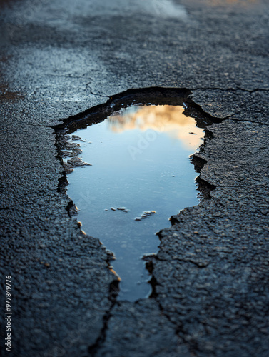 Reflective puddle on cracked pavement, capturing the sky at twilight