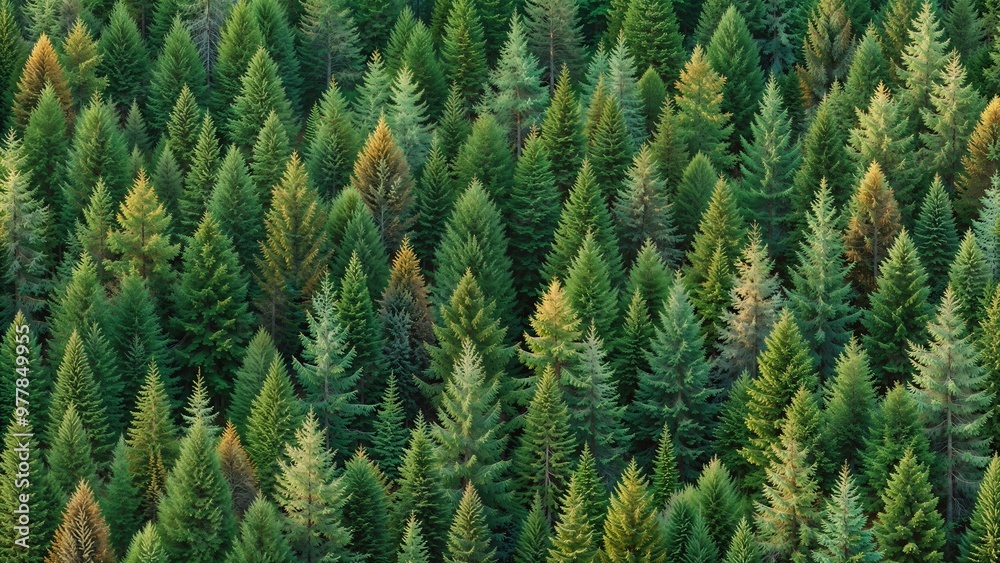 Dense green evergreen forest with varied tree heights and textures Dense green evergreen forest with varied tree heights and textures