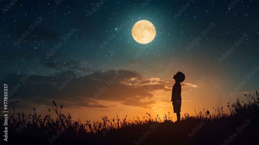 A child standing alone on a hill gazing up at a bright full moon and distant stars. A child standing alone on a hill gazing up at a bright full moon and distant stars.