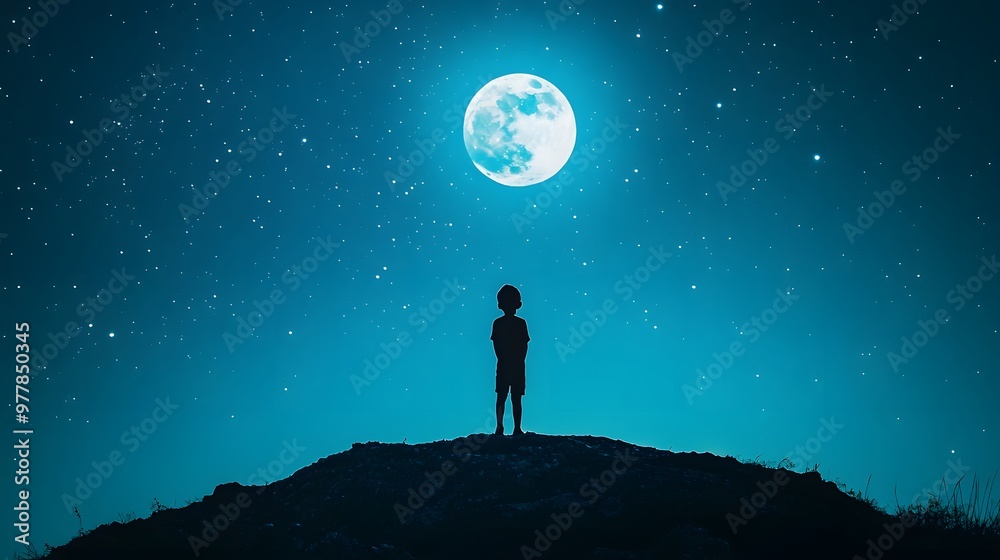 A child standing alone on a hill gazing up at a bright full moon and distant stars. A child standing alone on a hill gazing up at a bright full moon and distant stars.