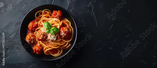 Panel kuchenny z motywem Spaghetti and meatballs in tomato sauce served in a black bowl on a dark slate stone or concrete background Top view with copyspace
