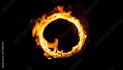 Fire flame ring isolated on black background. Round burning object.