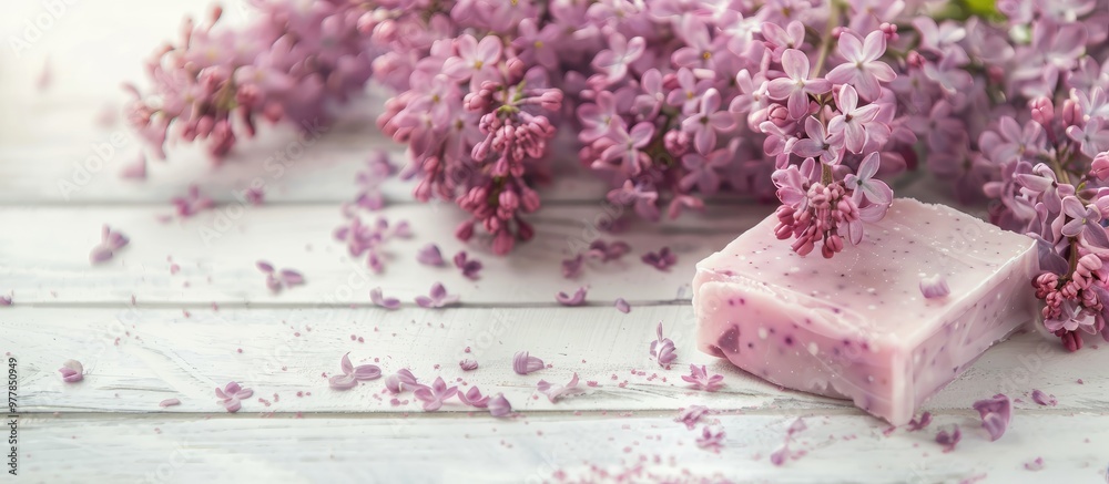 soap with lilac blooms on a white wooden table. Copy space image. Place for adding text and design soap with lilac blooms on a white wooden table. Copy space image. Place for adding text and design