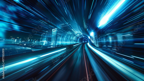 Futuristic high-speed tunnel with neon lights and blurred cityscape, representing technology, speed, and motion in an urban setting