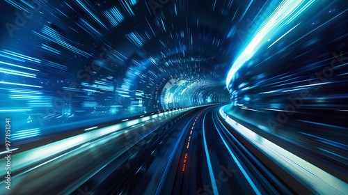 Dynamic view of a futuristic high-speed tunnel with streaks of light and motion blur, evoking speed and technology