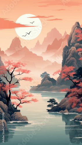 Serene mountainous landscape illustration