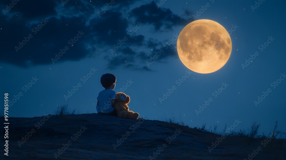 A child sitting on a hill under a full moon gazing at the stars while holding a stuffed animal close. A child sitting on a hill under a full moon gazing at the stars while holding a stuffed animal close.