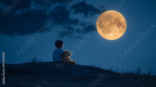 A child sitting on a hill under a full moon gazing at the stars while holding a stuffed animal close. photo