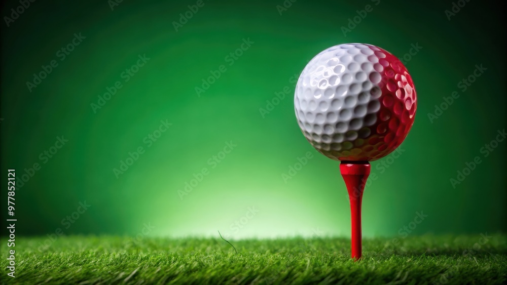 Golf ball on red tee with green background