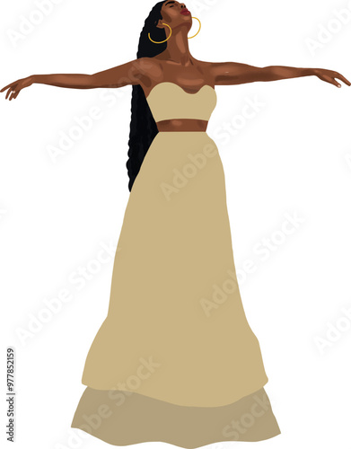 Illustration femme noire bras écartés regard en l'air détente respiration mode longues tresses vecteur