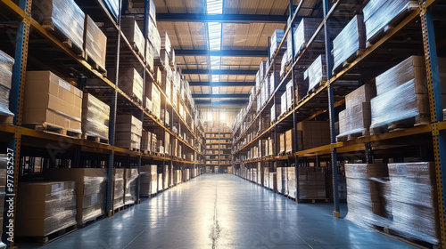 Spacious Warehouse Interior with Multiple Shelves Stacked with Boxes Under Sunlight, Industrial Storage Organization, and Logistics Facility