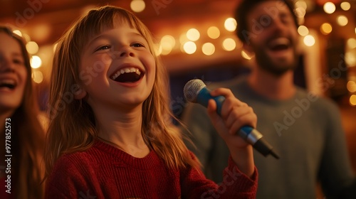 A family enjoying a karaoke night kids singing into toy microphones while parents cheer and dance along. photo