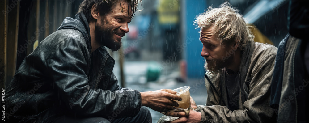 Man helping of giving money to homeless beggar sitting in road city Man helping of giving money to homeless beggar sitting in road city