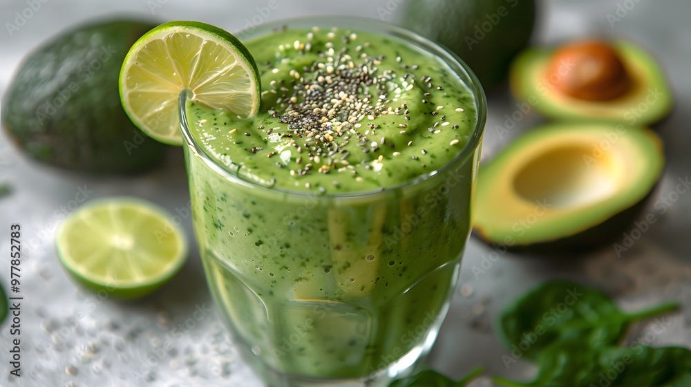 Green avocado smoothie with chia seeds and lime, perfect for health drink ads or wellness banners with copyspace
Green avocado smoothie with chia seeds and lime, perfect for health drink ads or wellness banners with copyspace