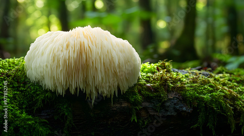 Rare Lion’s Mane Mushroom on a Mossy Log