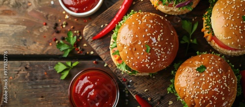 Closeup of homemade vegetarian aloo tikki burgers on a wooden surface. Copy space image. Place for adding text and design photo