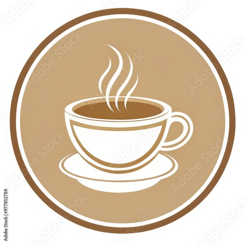 Round logo featuring a steaming cup on a light brown background. Generative AI