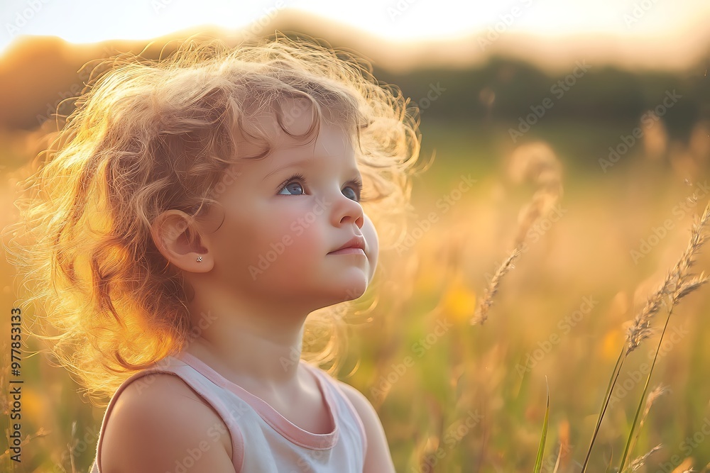 Little Girl with Blonde Curly Hair Looking Up in Golden Field at Sunset Little Girl with Blonde Curly Hair Looking Up in Golden Field at Sunset