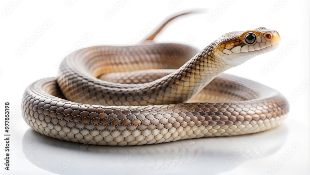 A close-up view of a snake resting on a white background in standard scale. Generative AI A close-up view of a snake resting on a white background in standard scale. Generative AI