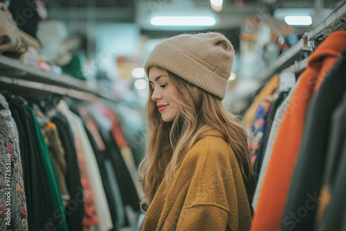 Side view of young woman in cozy fall clothes browsing in a thrift store aisle, thrifting concept 