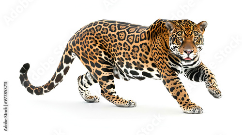 A sleek jaguar prowling forward on a white background, muscles rippling with each step