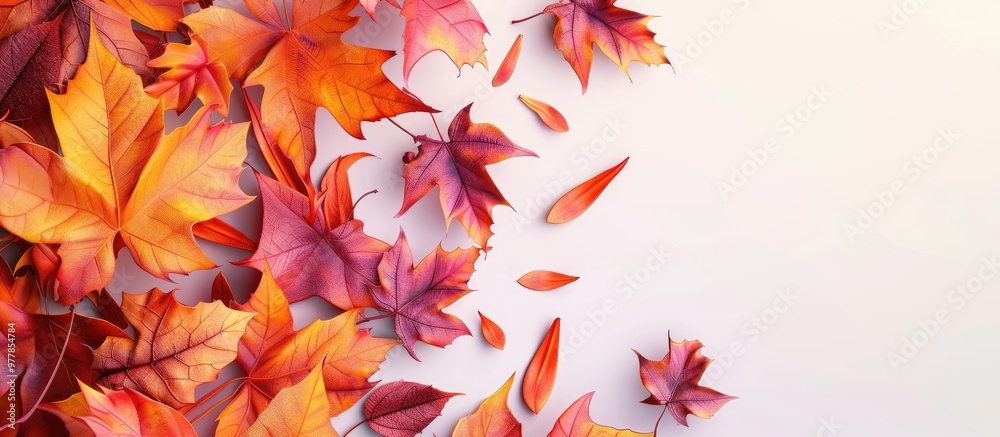 Fototapeta premium Creative arrangement of vibrant autumn leaves Seasonal theme Copyspace provided