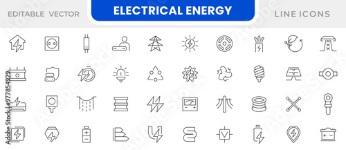 Electricity, electrical energy line icon set. Electric power line, light, light bulb and electrical equipment outline icon collection. Thin outline icons pack