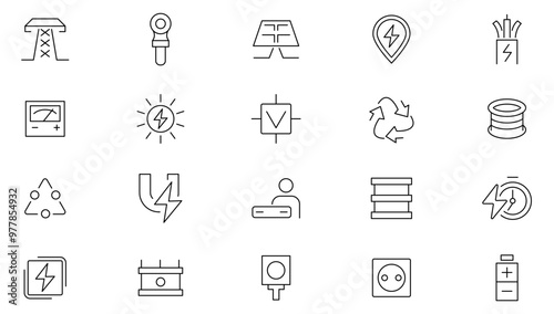 Electricity, electrical energy line icon set. Electric power line, light, light bulb and electrical equipment outline icon collection. Thin outline icons pack