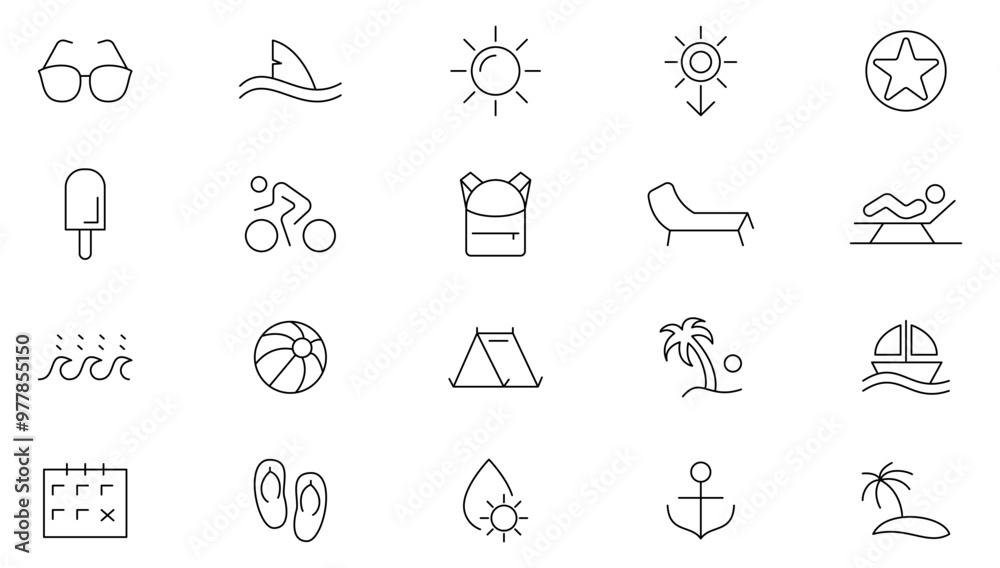 Summer line icon set. Skin, sunscreen, UV, summer, adventure, hobby, activity, cocktails, Nature, landscape, forest, sea, sunset, mountain, travel line icon set. UI thin line icon pack. Summer line icon set. Skin, sunscreen, UV, summer, adventure, hobby, activity, cocktails, Nature, landscape, forest, sea, sunset, mountain, travel line icon set. UI thin line icon pack.