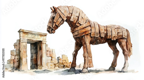 watercolor illustration of wooden Trojan horse on white background 