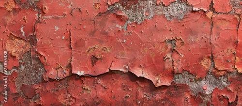 Wall background featuring cracks in aged red paint Copyspace wall The texture of the old wall is decorative photo