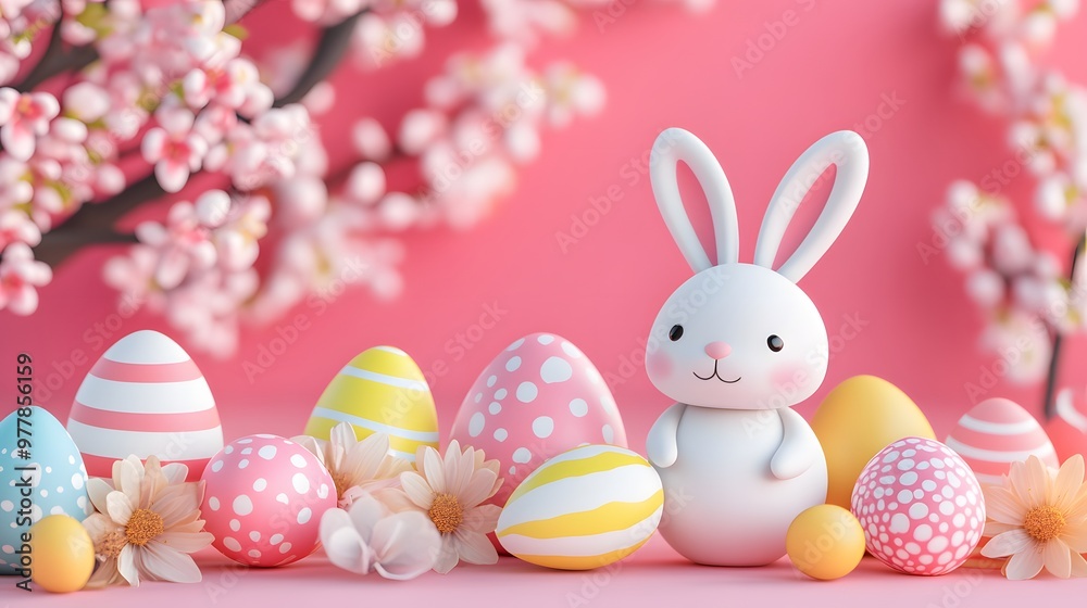 Obraz premium A cute white bunny surrounded by colorful Easter eggs and flowers on a pink background, perfect for springtime celebrations.