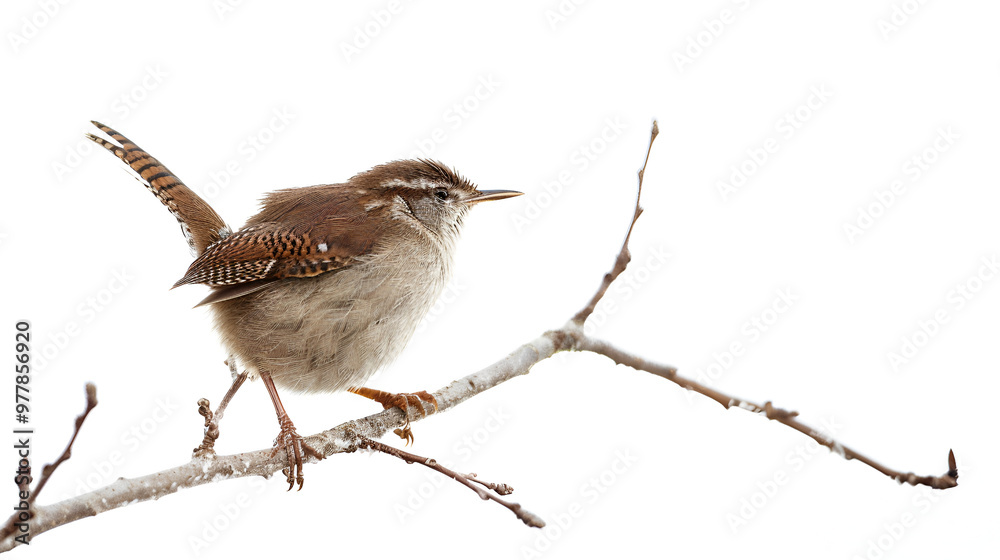 A small wren flitting from branch to branch on a white background with copy space, tail raised high A small wren flitting from branch to branch on a white background with copy space, tail raised high