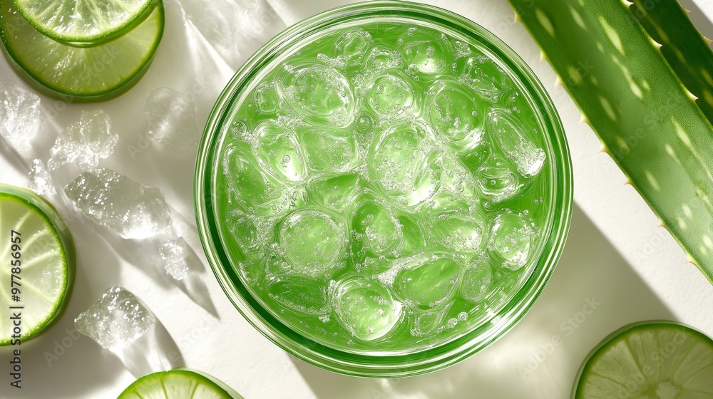 A top view of a jar of green aloe vera gel surrounded by lime slices and aloe leaves, showcasing natural and refreshing skincare ingredients A top view of a jar of green aloe vera gel surrounded by lime slices and aloe leaves, showcasing natural and refreshing skincare ingredients
