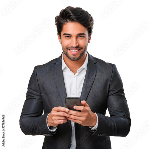 Portrait of a smiling businessman with a mobile phone isolated on transparent background