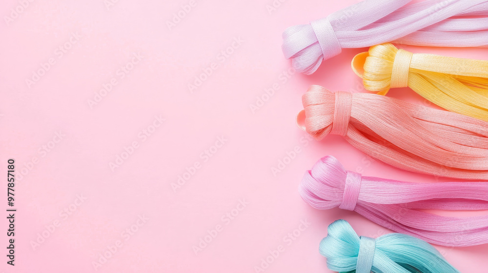 “Top view of colorful pastel hair clips arranged on a pink background. The modern accessories enhance hairstyles and add a touch of luxury with their soft, elegant colors.” “Top view of colorful pastel hair clips arranged on a pink background. The modern accessories enhance hairstyles and add a touch of luxury with their soft, elegant colors.”