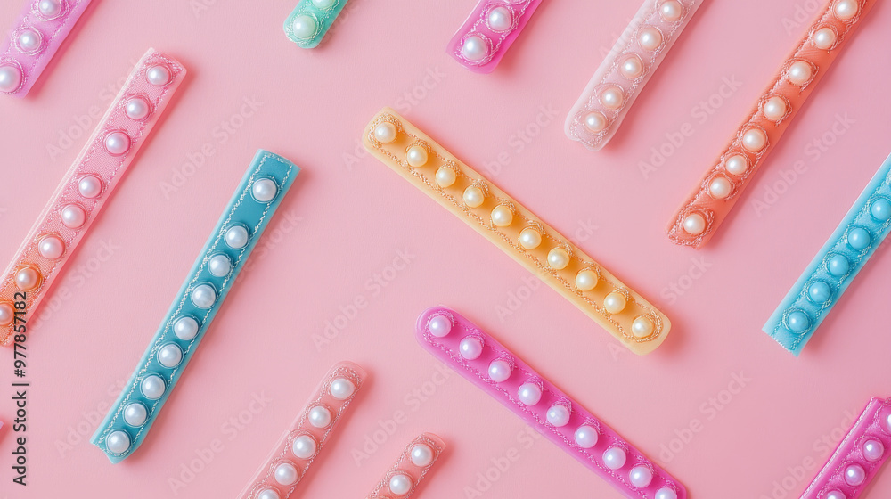 Obraz premium “Top view of colorful pastel hair clips arranged on a pink background. The modern accessories enhance hairstyles and add a touch of luxury with their soft, elegant colors.”