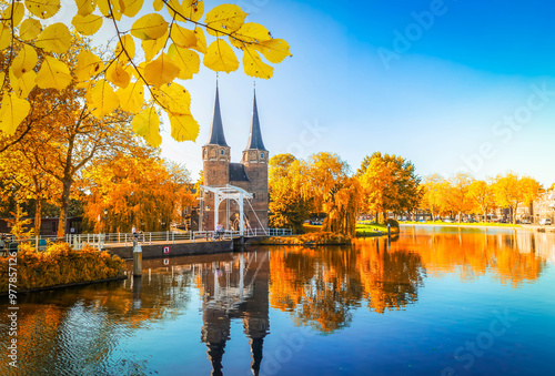 view of Oosrpoort iconic historical gate in Delft, Holland Netherlands at fall day photo