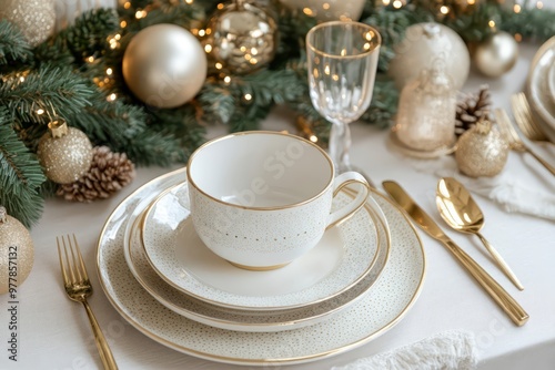 Elegant white and golden Christmas table setting with festive decorations viewed from above